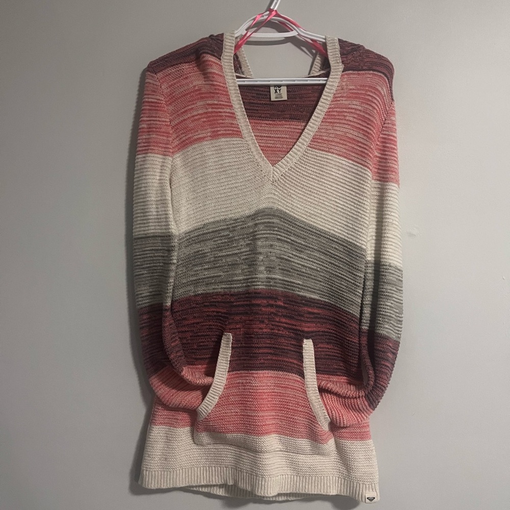 Roxy Striped V-Neck Sweater - Pink, Cream, Gray